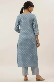 Turquoise printed cotton ethnic-kurtis