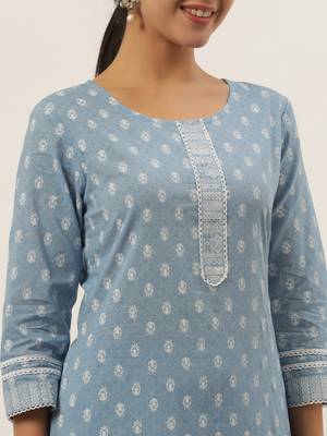 Turquoise printed cotton ethnic-kurtis 4