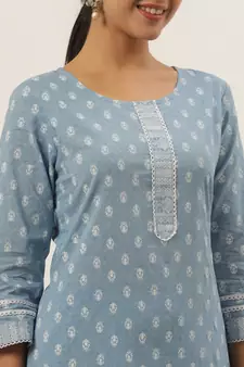 Turquoise printed cotton ethnic-kurtis