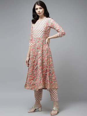 Beige printed cotton ethnic-kurtis 2
