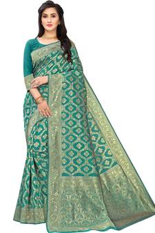 Turquoise Woven Cotton Silk Saree With Blouse