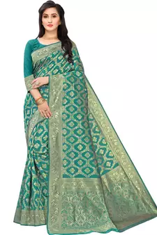 Turquoise Woven Cotton Silk Saree With Blouse