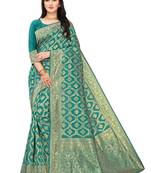 Turquoise Woven Cotton Silk Saree With Blouse
