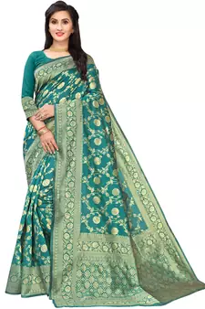Turquoise Woven Cotton Silk Saree With Blouse