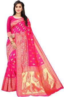 Hot Pink Woven Cotton Silk Saree With Blouse