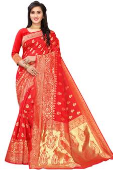 Orange Woven Cotton Silk Saree With Blouse