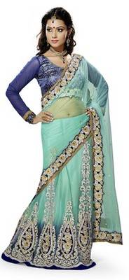 Blue Embroidered Net Saree 1