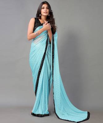 Sky blue plain art silk saree with blouse 4