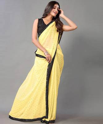 Yellow plain art silk saree with blouse 4