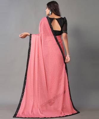 Pink plain art silk saree with blouse 3