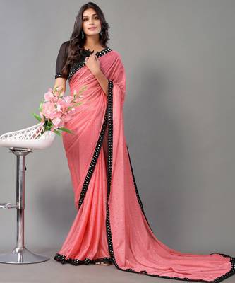Pink plain art silk saree with blouse 4