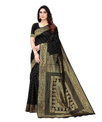 Black woven poly silk saree with blouse 1