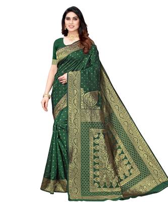 Green woven poly silk saree with blouse 1