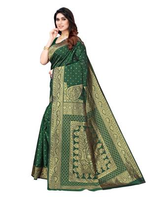 Green woven poly silk saree with blouse 2