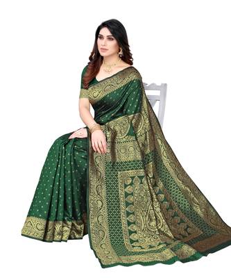 Green woven poly silk saree with blouse 4