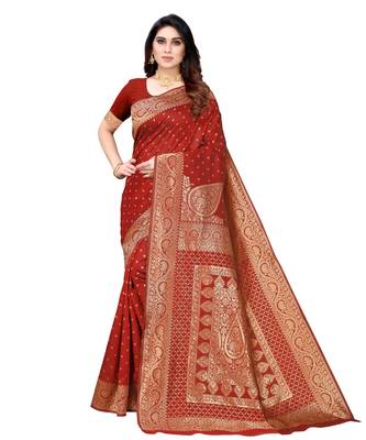 Red woven poly silk saree with blouse 1