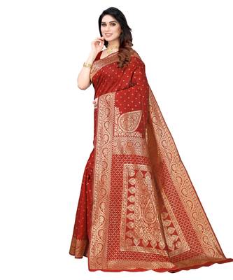 Red woven poly silk saree with blouse 2