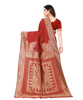 Red woven poly silk saree with blouse 3