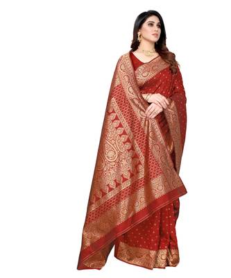 Red woven poly silk saree with blouse 4