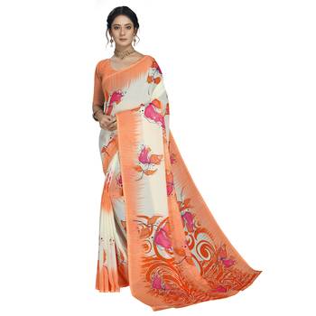 Orange printed georgette saree with blouse 1