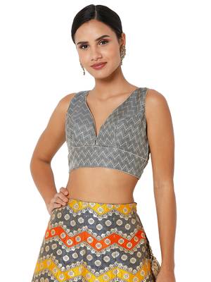 Salwar Studio Women's Grey Brocade Self Design Readymade Saree Blouse 1