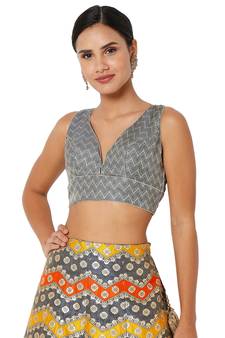 Salwar Studio Women's Grey Brocade Self Design Readymade Saree Blouse