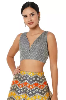 Salwar Studio Women's Grey Brocade Self Design Readymade Saree Blouse