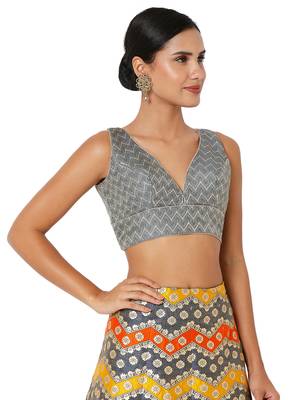Salwar Studio Women's Grey Brocade Self Design Readymade Saree Blouse 4