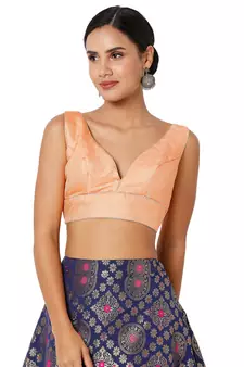 Salwar Studio Women's Peach Brocade Self Design Readymade Saree Blouse