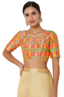 Salwar Studio Women's Yellow Multi Brocade Self Design Readymade Saree Blouse
