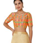 Salwar Studio Women's Yellow Multi Brocade Self Design Readymade Saree Blouse