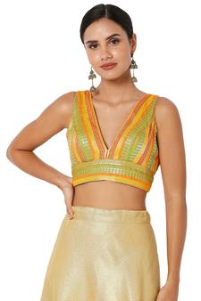Salwar Studio Women's Yellow Multi Brocade Self Design Readymade Saree Blouse