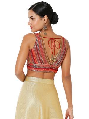 Salwar Studio Women's Maroon Multi Brocade Self Design Readymade Saree Blouse 2