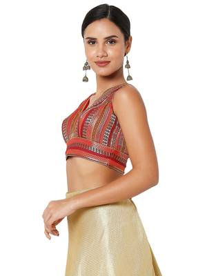 Salwar Studio Women's Maroon Multi Brocade Self Design Readymade Saree Blouse 3