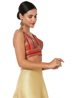 Salwar Studio Women's Maroon Multi Brocade Self Design Readymade Saree Blouse 4