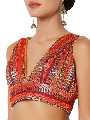 Salwar Studio Women's Maroon Multi Brocade Self Design Readymade Saree Blouse 5