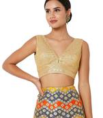 Salwar Studio Women's Dark Gold Tissue Embroidered Readymade Saree Blouse