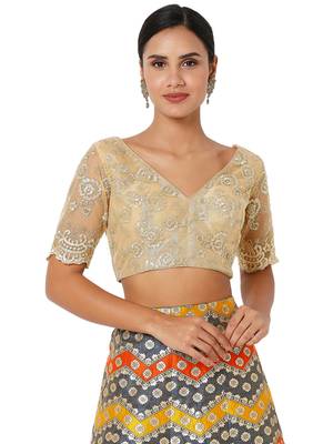 Salwar Studio Women's Gold Net Embroidered Readymade Saree Blouse 1
