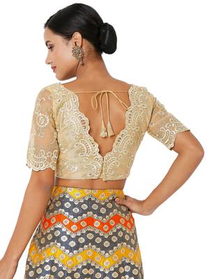 Salwar Studio Women's Gold Net Embroidered Readymade Saree Blouse 2