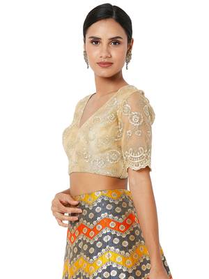 Salwar Studio Women's Gold Net Embroidered Readymade Saree Blouse 3