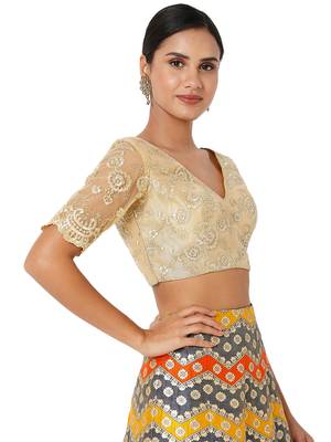 Salwar Studio Women's Gold Net Embroidered Readymade Saree Blouse 4