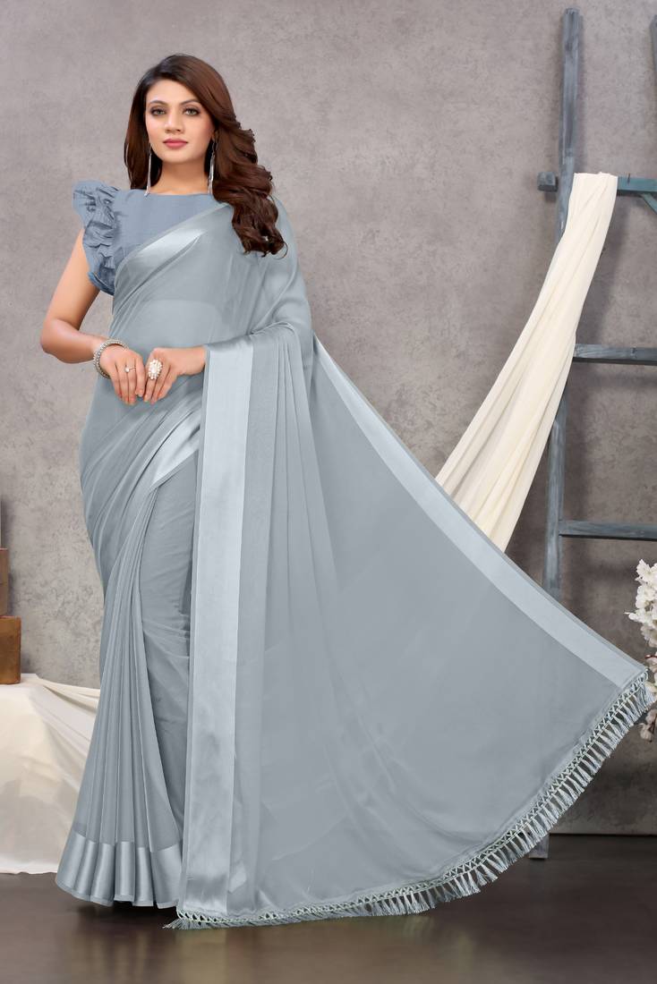 Grey woven chiffon saree with blouse