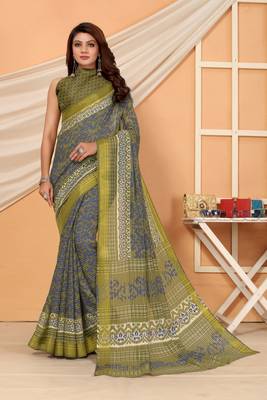 Mehendi printed cotton saree with blouse 1