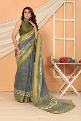 Mehendi printed cotton saree with blouse 2