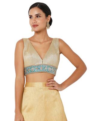 Salwar Studio Women's Gold & Blue Banarasi Self Design Readymade Saree Blouse 1