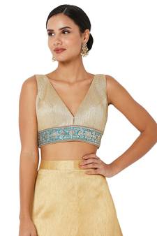Salwar Studio Women's Gold & Blue Banarasi Self Design Readymade Saree Blouse