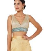 Salwar Studio Women's Gold & Blue Banarasi Self Design Readymade Saree Blouse