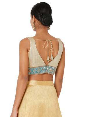 Salwar Studio Women's Gold & Blue Banarasi Self Design Readymade Saree Blouse 2