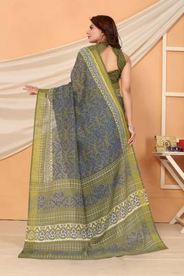 Mehendi printed cotton saree with blouse 3