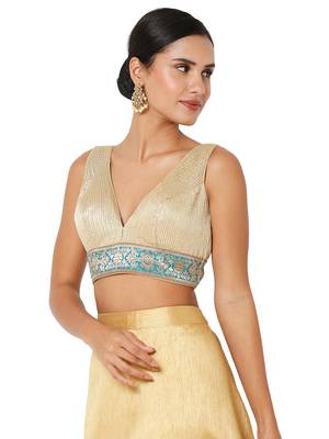 Salwar Studio Women's Gold & Blue Banarasi Self Design Readymade Saree Blouse 3